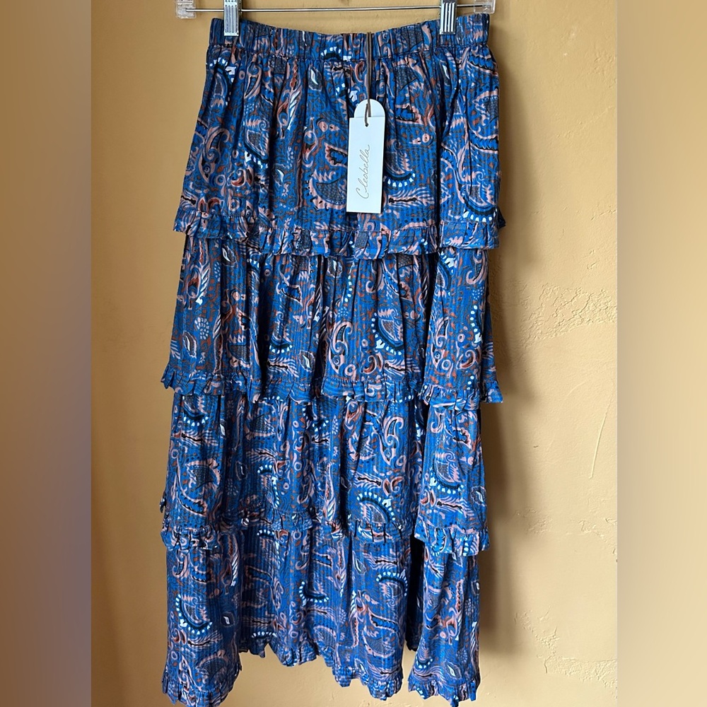 NWT Cleobella Lana Tiered Midi Skirt Womens Medium Blue Organic Cotton Boho New